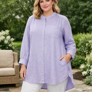 Lands' End SZ 1X 16W-18W Plus Size Linen A-Line Long Sleeve Tunic Top Pockets
